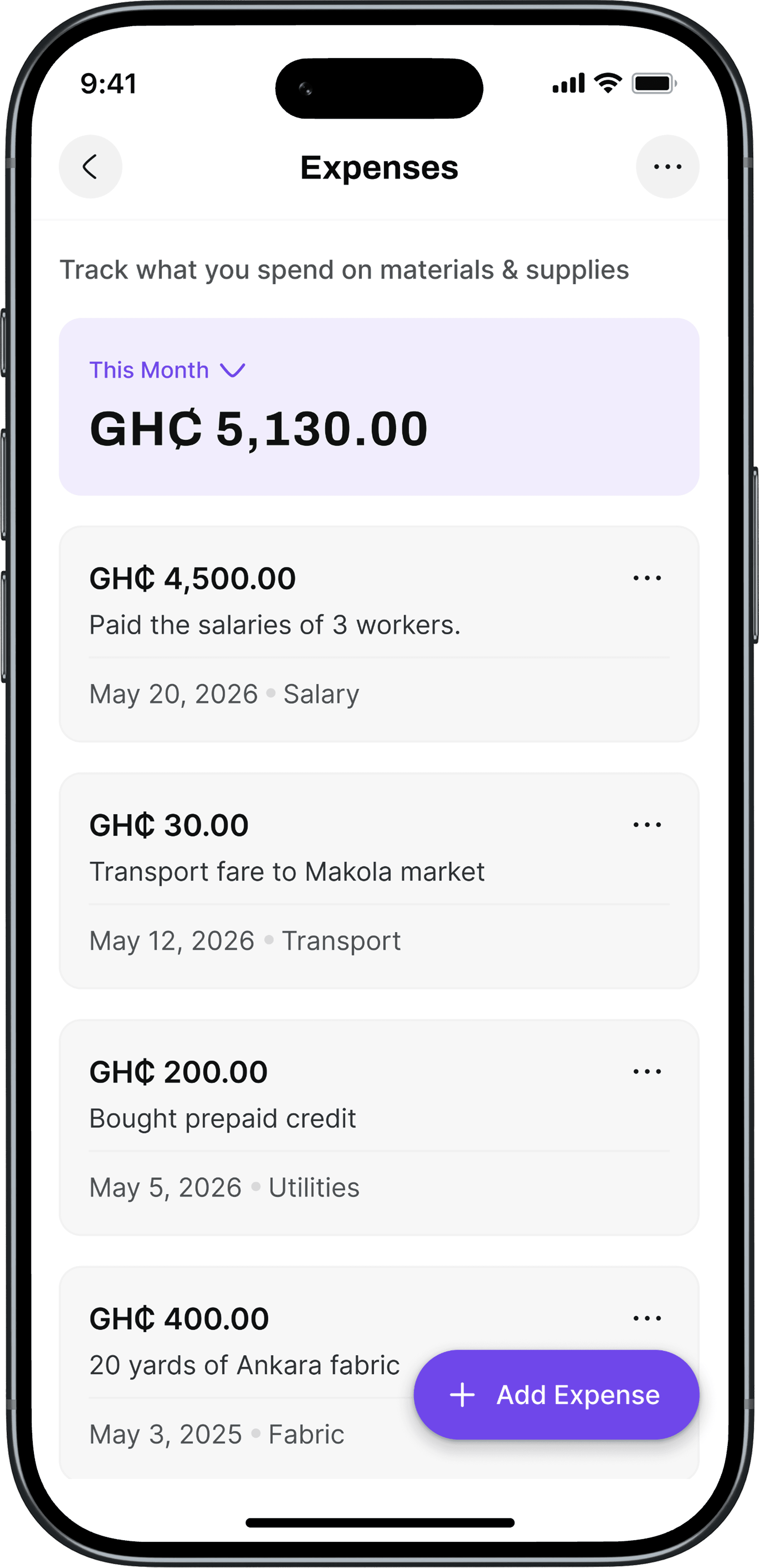 Tracking materials and supplies spending in the Stylo Tailor app