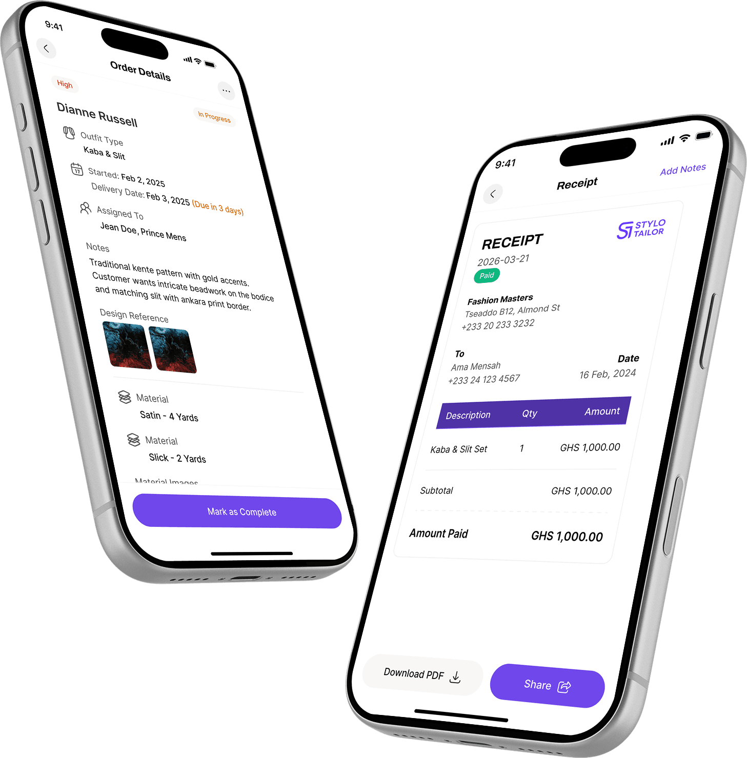 Order details and a paid receipt in the Stylo Tailor app