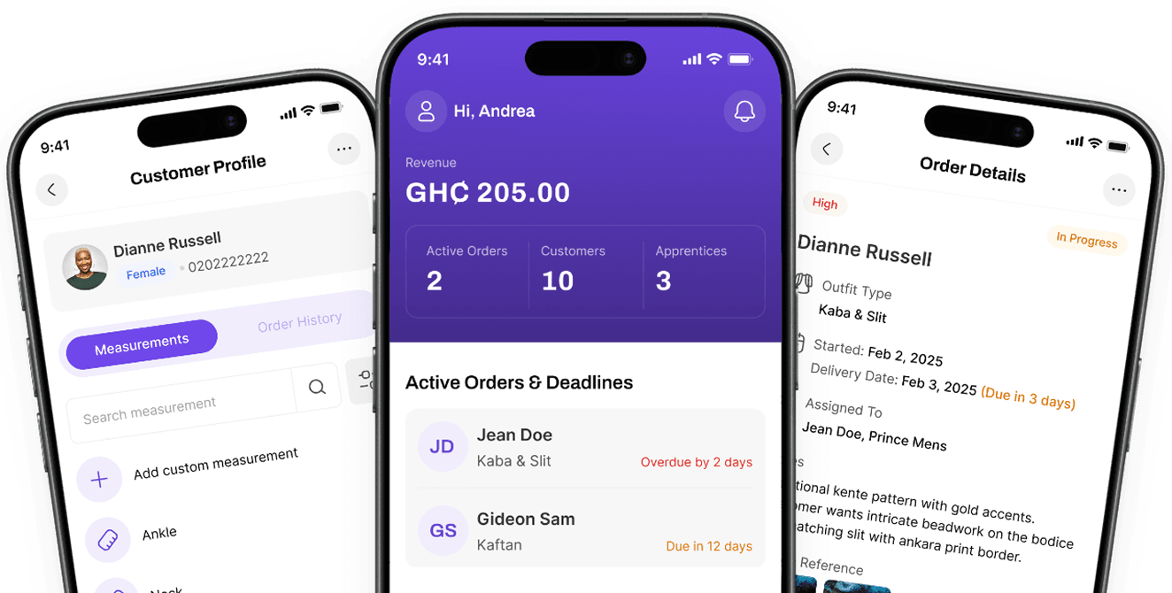 Stylo Tailor on three phones showing a customer profile, the business dashboard, and order details